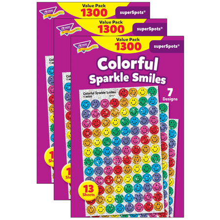 TREND ENTERPRISES Colorful Sparkle Smiles superSpots® Value Pack, 1300 Per Pack, PK3 T46909